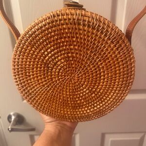 Round Woven Tan Crossbody Bag